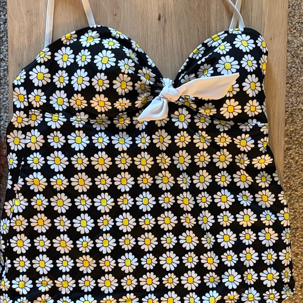 Women’s  Black Daisy One-Piece Swimsuit with White Bow